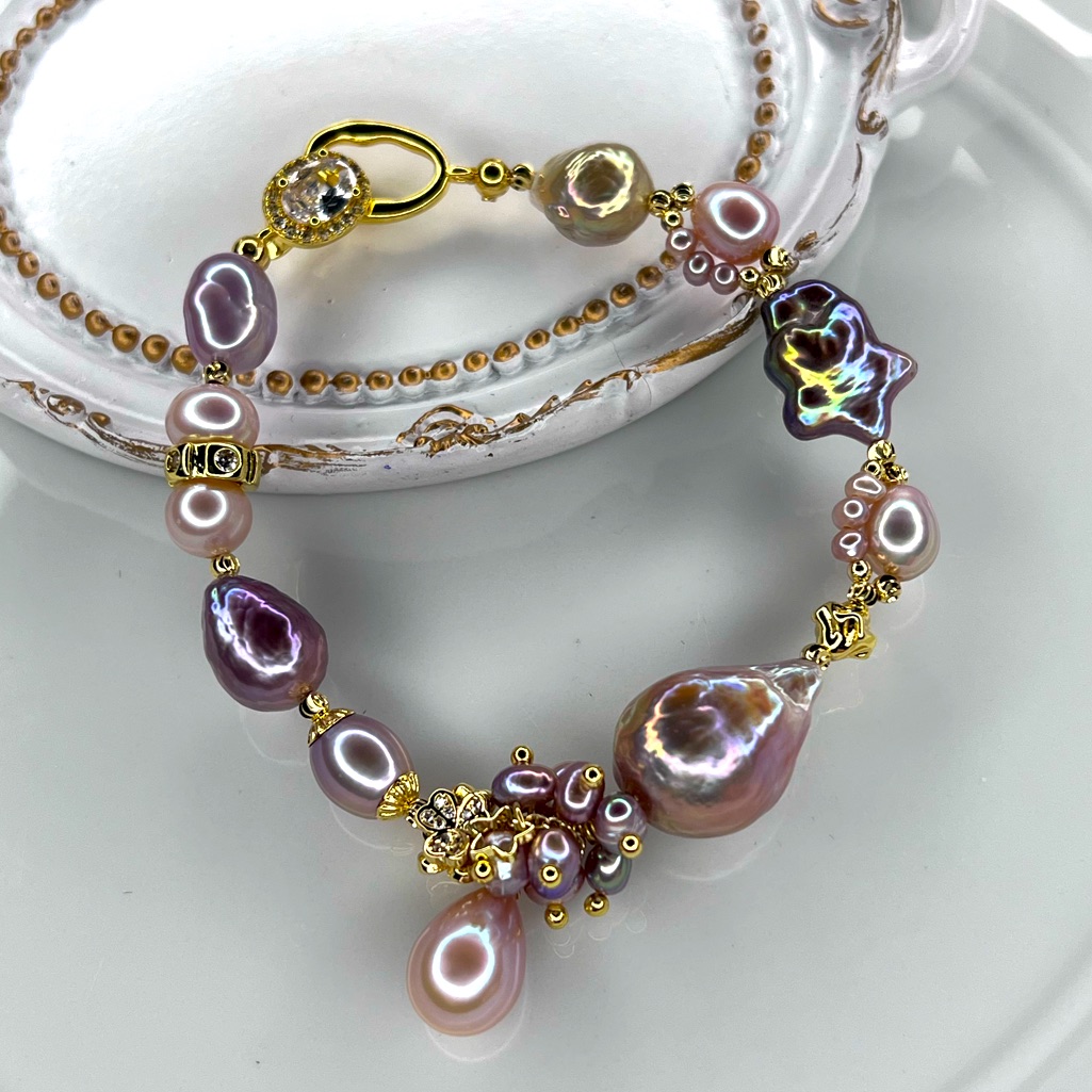 Handmade High Quality Freshwater Unicorn Purple Pink Green Clover Bracelet